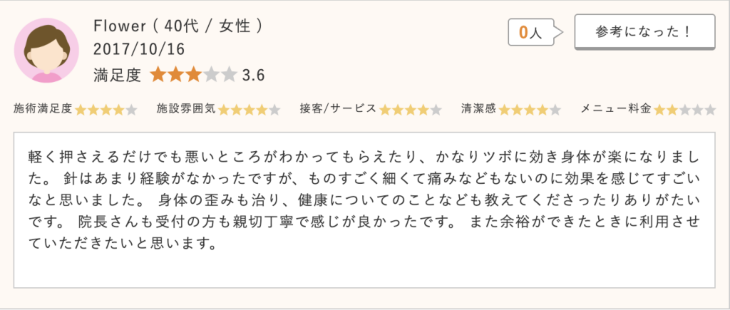 軽く押すだけでもツボに効き、痛みは少なく施術後の変化が分かる。体の歪みや健康面も教えてもらえ、院の対応も丁寧。