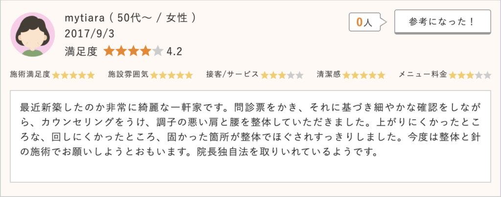 新築後の悩みを相談し、問診・説明が細かく不安が整理できた。疑問点にも納得いく対応で、施術後は体が軽くなったと感じた。