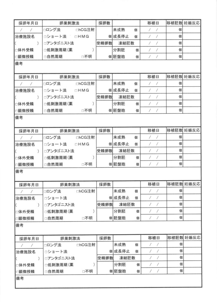 姫路市山下針灸房の妊活資料、採卵の経過と移植の経過表